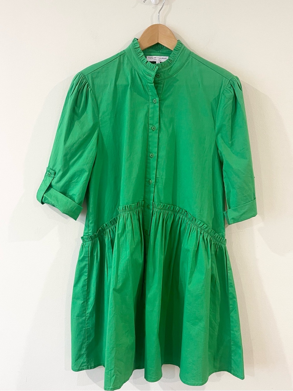 Taylor Tillman Cammie Ruffle Shirt Dress Garden Green Cotton Size S